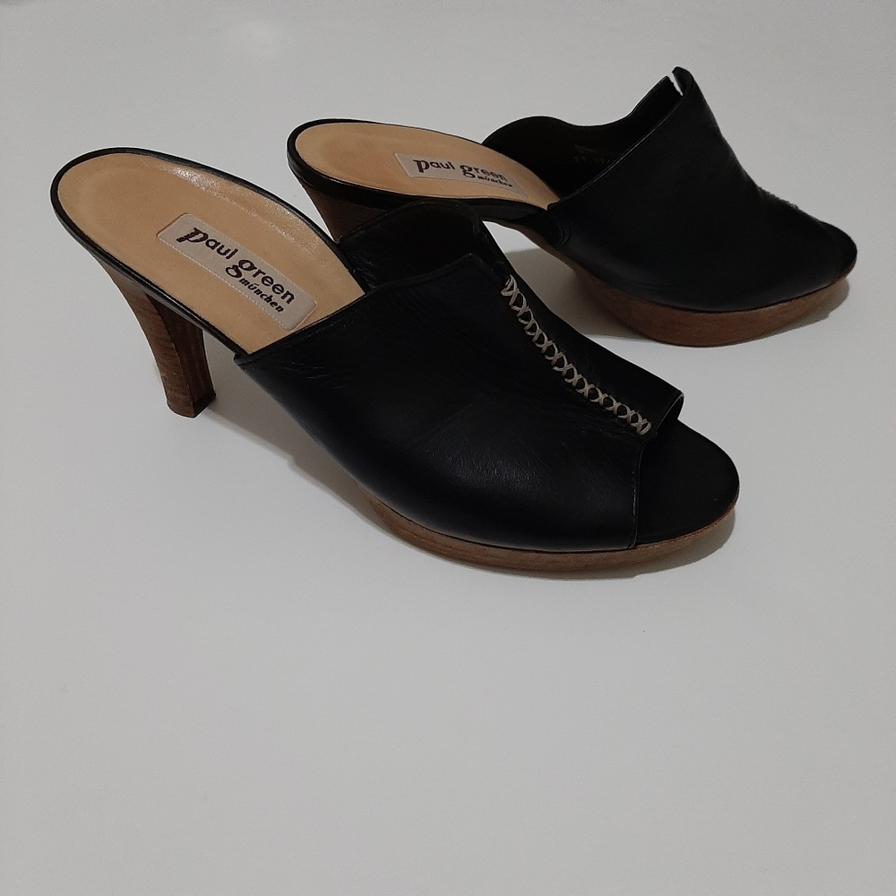 Paul Green Black Leather Open Toe Platform Mules Size 8.5